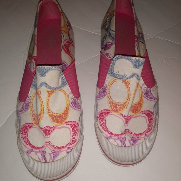 Coach Women's Sneakers Off white multi-colored Signature C flats Size 8.5 - Picture 1 of 10